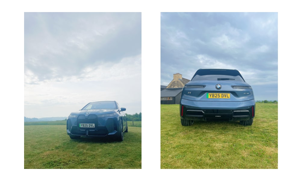 Exterior images of the BMW iX stationary in a field