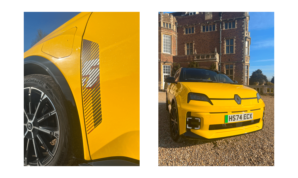 Images of the Renault 5 parked in front of a stately home